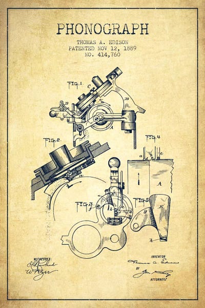 Aged Pixel: Phonograph Vintage Patent Blueprint by Aged Pixel