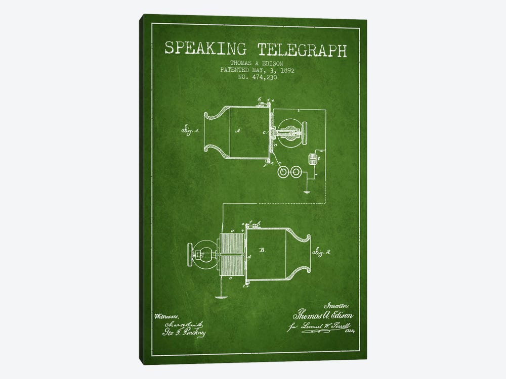 Speaking Tele Green Patent Blueprint by Aged Pixel 1-piece Canvas Art