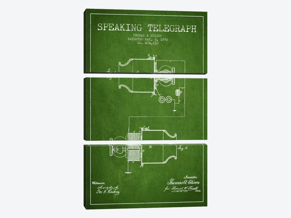 Speaking Tele Green Patent Blueprint by Aged Pixel 3-piece Canvas Art