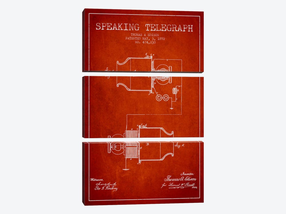 Speaking Tele Red Patent Blueprint by Aged Pixel 3-piece Canvas Wall Art
