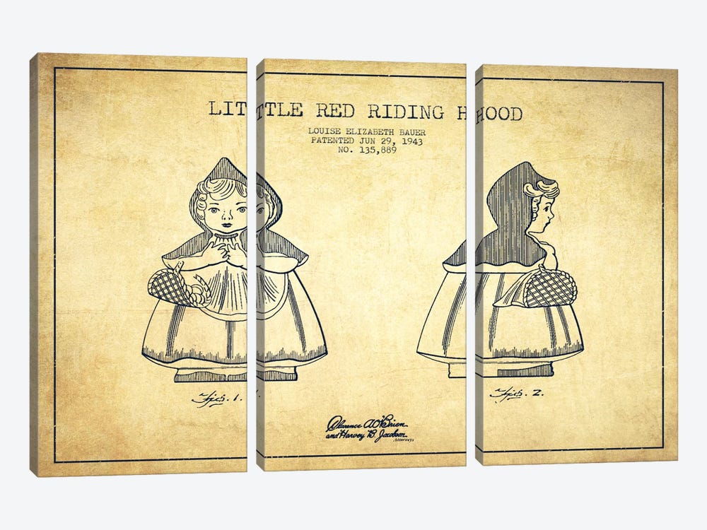 Little Red Riding Hood Vintage Patent Blueprint by Aged Pixel 3-piece Canvas Art Print