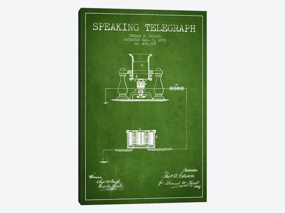 Speaking Tele Green Patent Blueprint by Aged Pixel 1-piece Canvas Wall Art