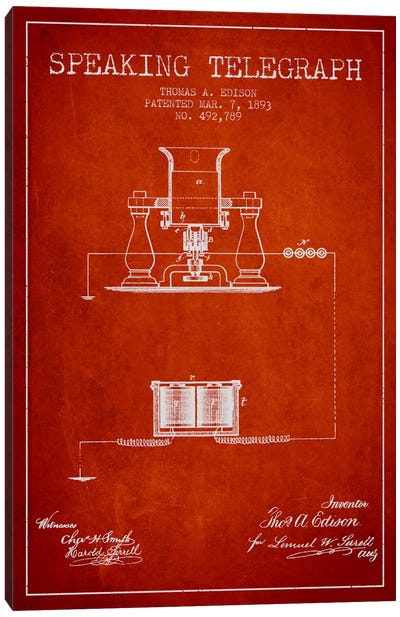 Speaking Tele Red Patent Blueprint Canvas Art Print - Electronics & Communication Blueprints