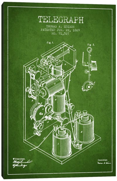 Telegraph Green Patent Blueprint Canvas Art Print - Electronics & Communication Blueprints