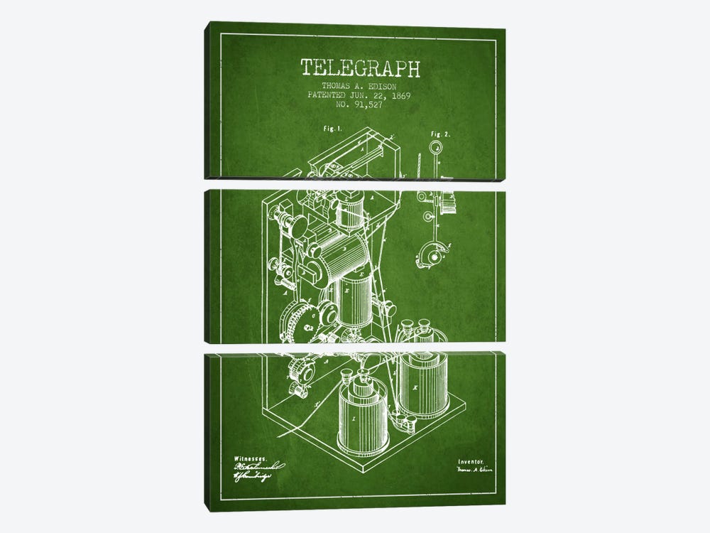 Telegraph Green Patent Blueprint by Aged Pixel 3-piece Canvas Art Print