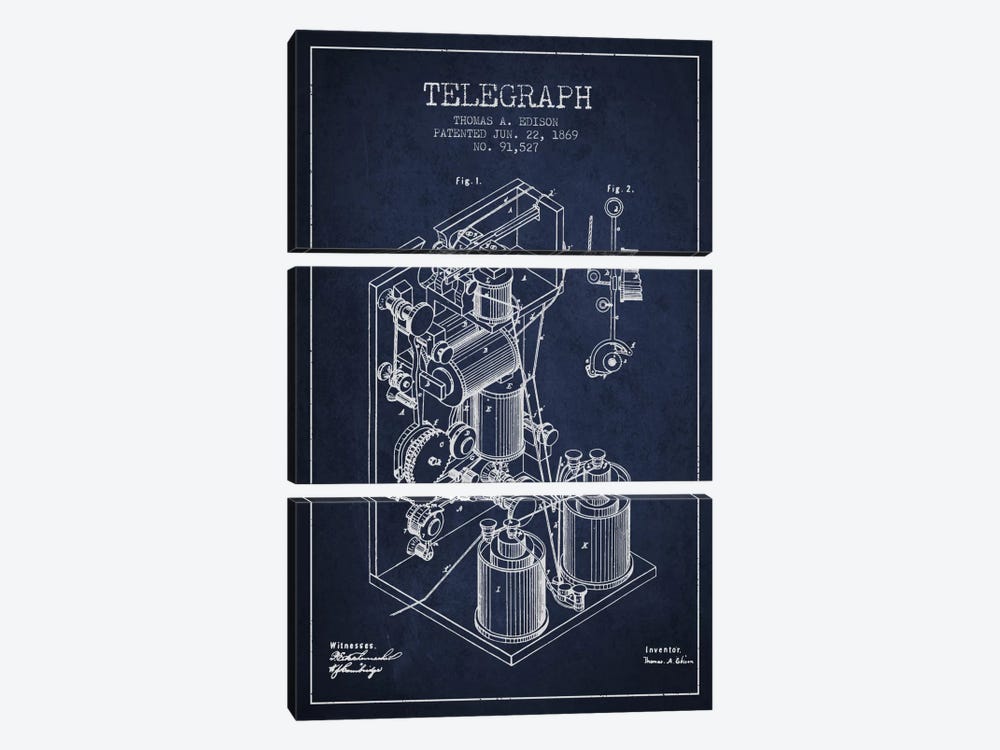 Telegraph Navy Blue Patent Blueprint by Aged Pixel 3-piece Canvas Artwork