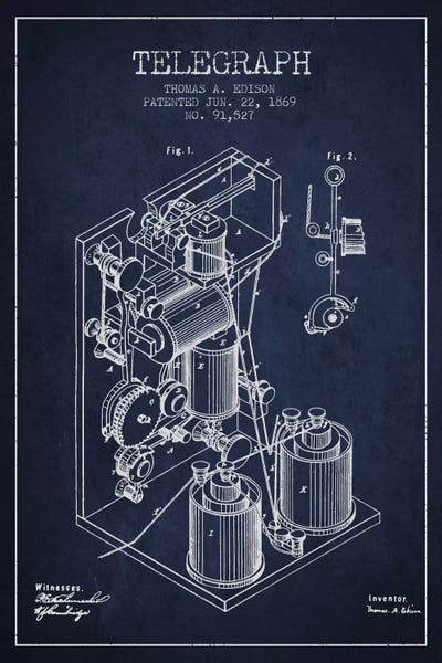 Electronics & Communication Blueprints: Telegraph Navy Blue Patent Blueprint by Aged Pixel