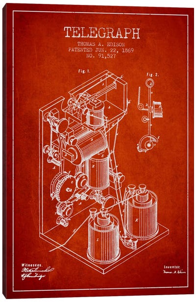 Telegraph Red Patent Blueprint Canvas Art Print - Electronics & Communication Blueprints