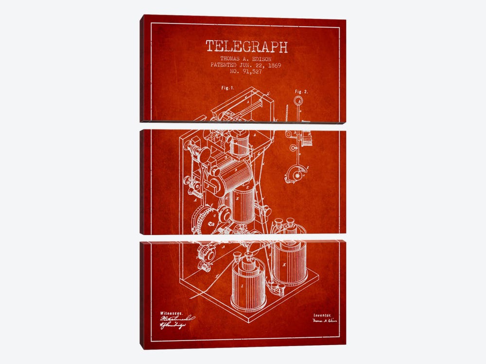 Telegraph Red Patent Blueprint by Aged Pixel 3-piece Art Print