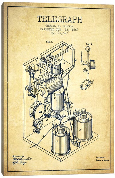 Telegraph Vintage Patent Blueprint Canvas Art Print - Aged Pixel: Electronics & Communication