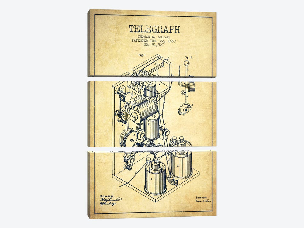 Telegraph Vintage Patent Blueprint by Aged Pixel 3-piece Canvas Print