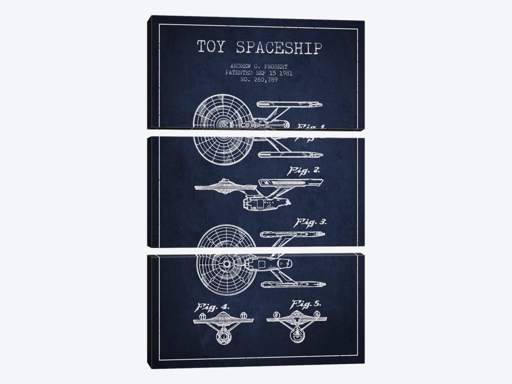 Toy Spaceship Navy Blue Patent Blueprint by Aged Pixel 3-piece Canvas Artwork