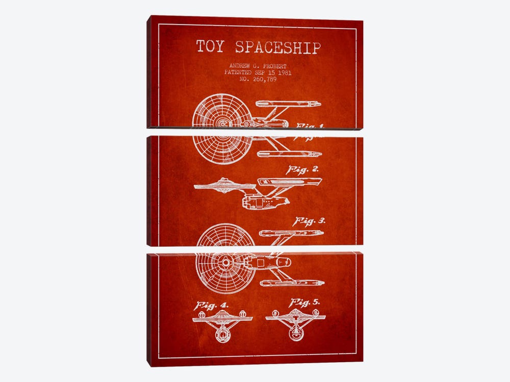 Toy Spaceship Red Patent Blueprint by Aged Pixel 3-piece Canvas Print