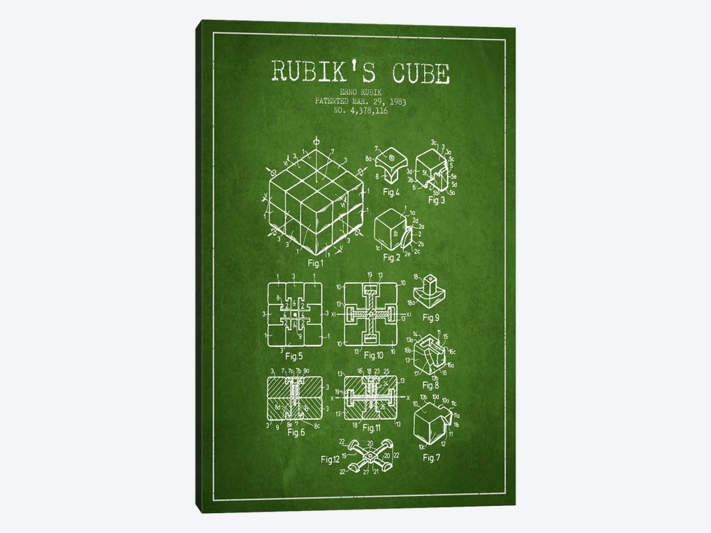 Rubik Green Patent Blueprint by Aged Pixel 1-piece Canvas Art Print