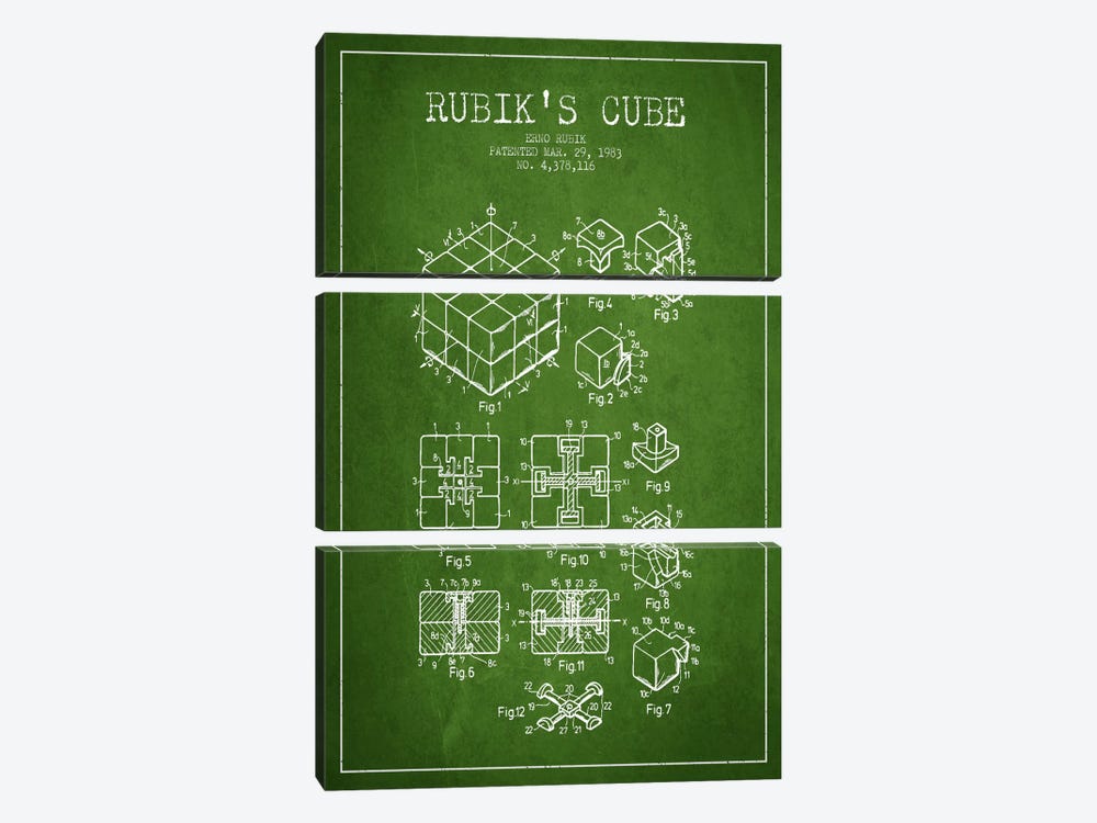 Rubik Green Patent Blueprint by Aged Pixel 3-piece Canvas Art Print