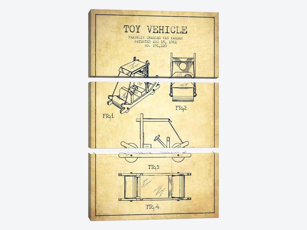 Flinstone Vintage Patent Blueprint by Aged Pixel 3-piece Canvas Artwork