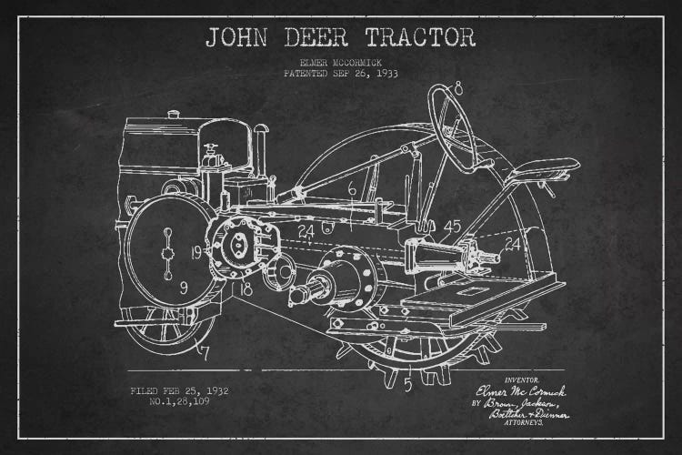 John Deer Charcoal Patent Blueprint by Aged Pixel wall art