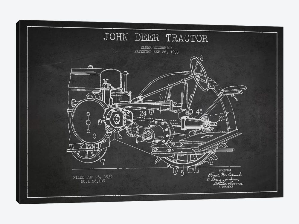 John Deer Charcoal Patent Blueprint by Aged Pixel 1-piece Canvas Art Print