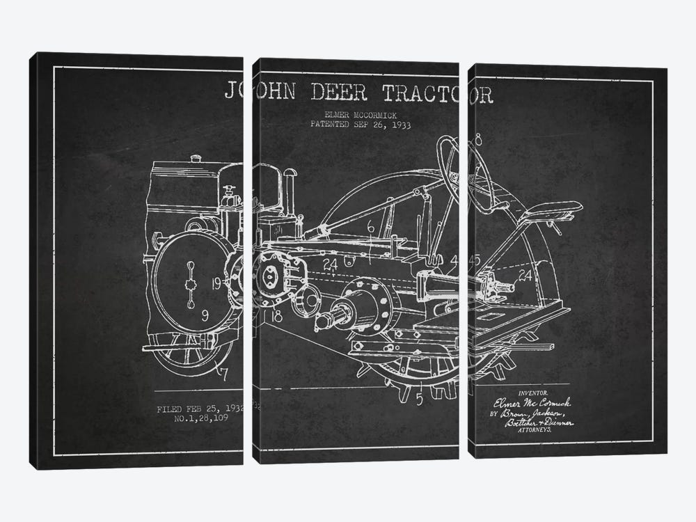 John Deer Charcoal Patent Blueprint by Aged Pixel 3-piece Canvas Print