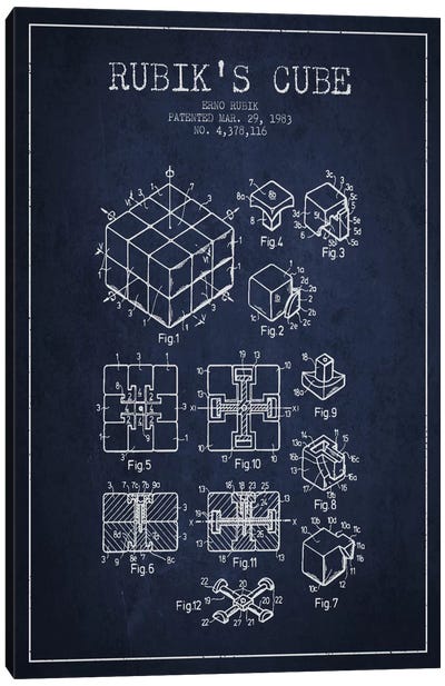 Rubik Navy Blue Patent Blueprint Canvas Art Print - Toy & Game Blueprints