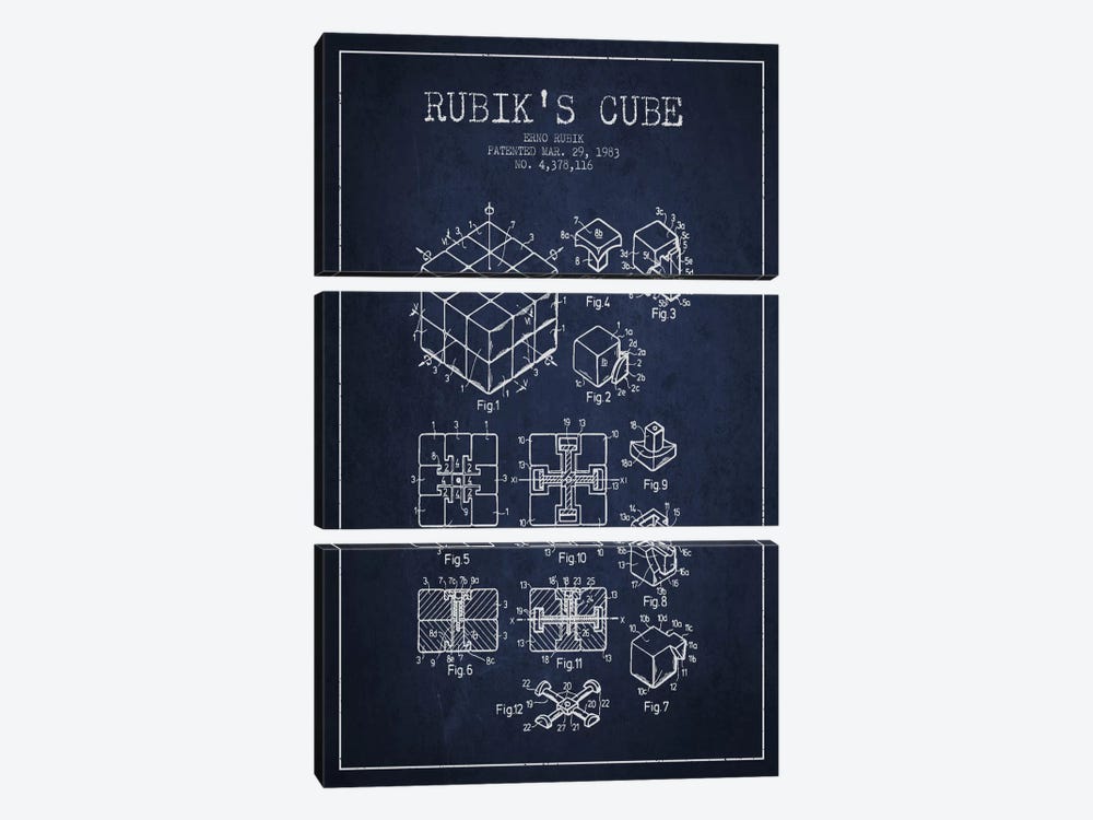 Rubik Navy Blue Patent Blueprint by Aged Pixel 3-piece Canvas Wall Art