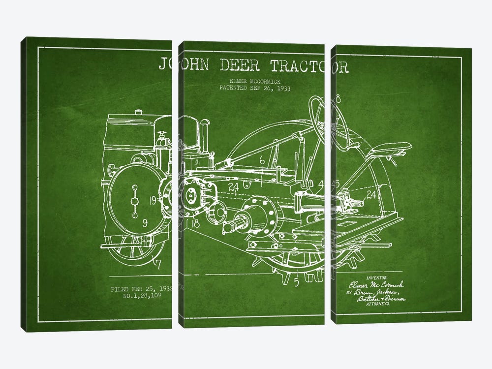 John Deer Green Patent Blueprint by Aged Pixel 3-piece Canvas Print
