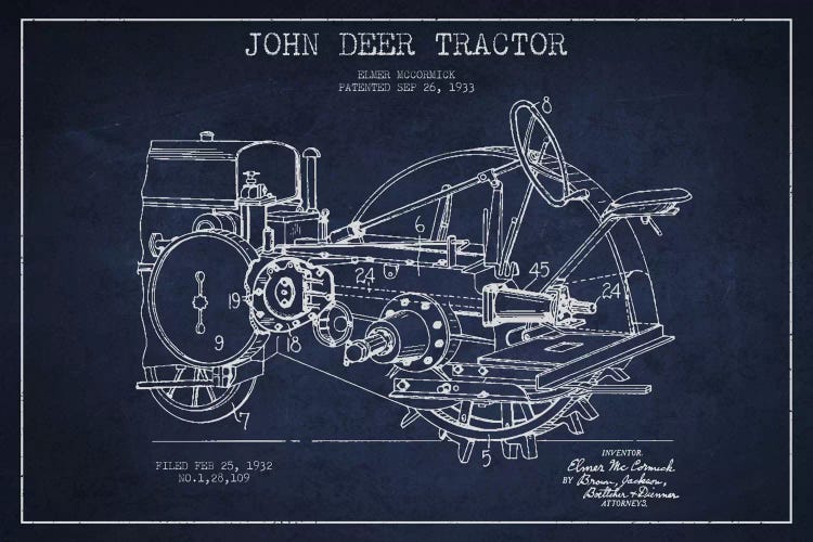 John Deer Navy Blue Patent Blueprint by Aged Pixel wall art
