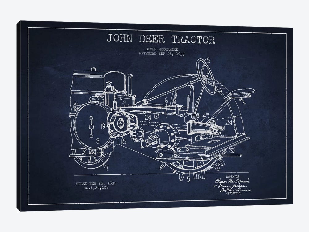 John Deer Navy Blue Patent Blueprint by Aged Pixel 1-piece Canvas Wall Art
