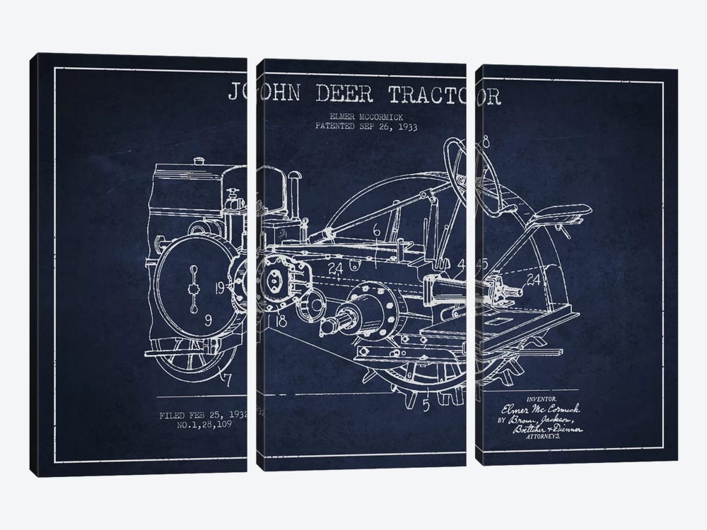 John Deer Navy Blue Patent Blueprint by Aged Pixel 3-piece Canvas Artwork