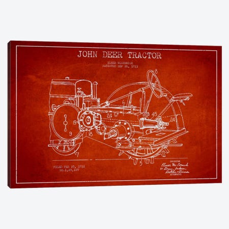 John Deer Red Patent Blueprint Canvas Print #ADP642} by Aged Pixel Canvas Art Print