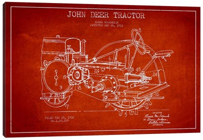 John Deer Red Patent Blueprint Canvas Art Print - Engineering & Machinery Blueprints