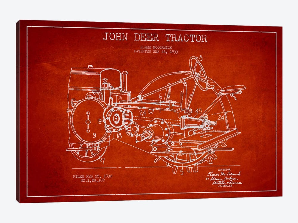 John Deer Red Patent Blueprint by Aged Pixel 1-piece Canvas Print
