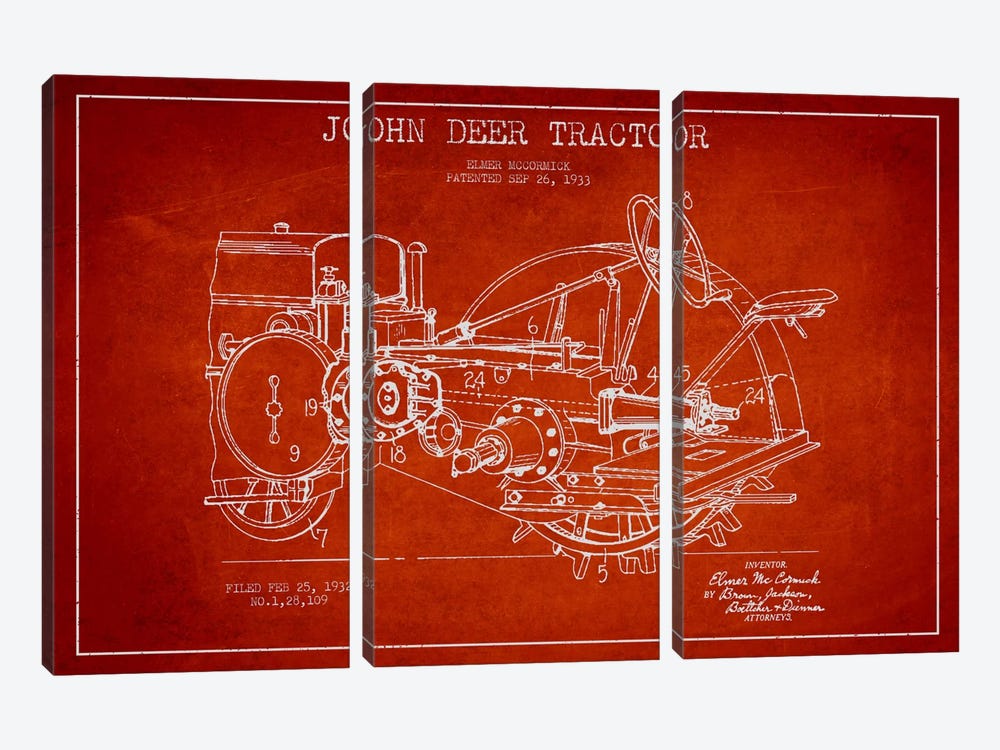 John Deer Red Patent Blueprint by Aged Pixel 3-piece Canvas Art Print
