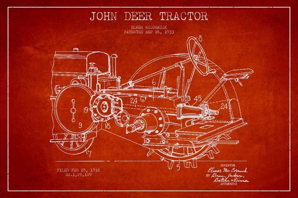 Tractors: John Deer Red Patent Blueprint by Aged Pixel