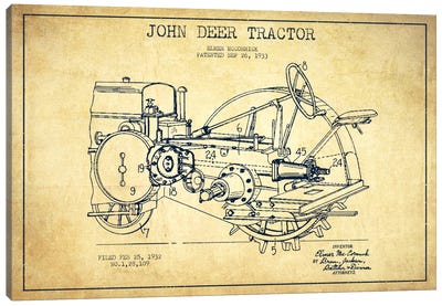 John Deer Vintage Patent Blueprint Canvas Art Print - Aged Pixel: Engineering & Machinery