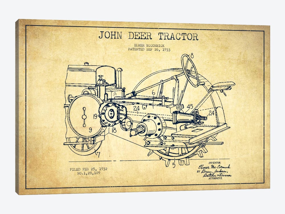 John Deer Vintage Patent Blueprint by Aged Pixel 1-piece Canvas Wall Art