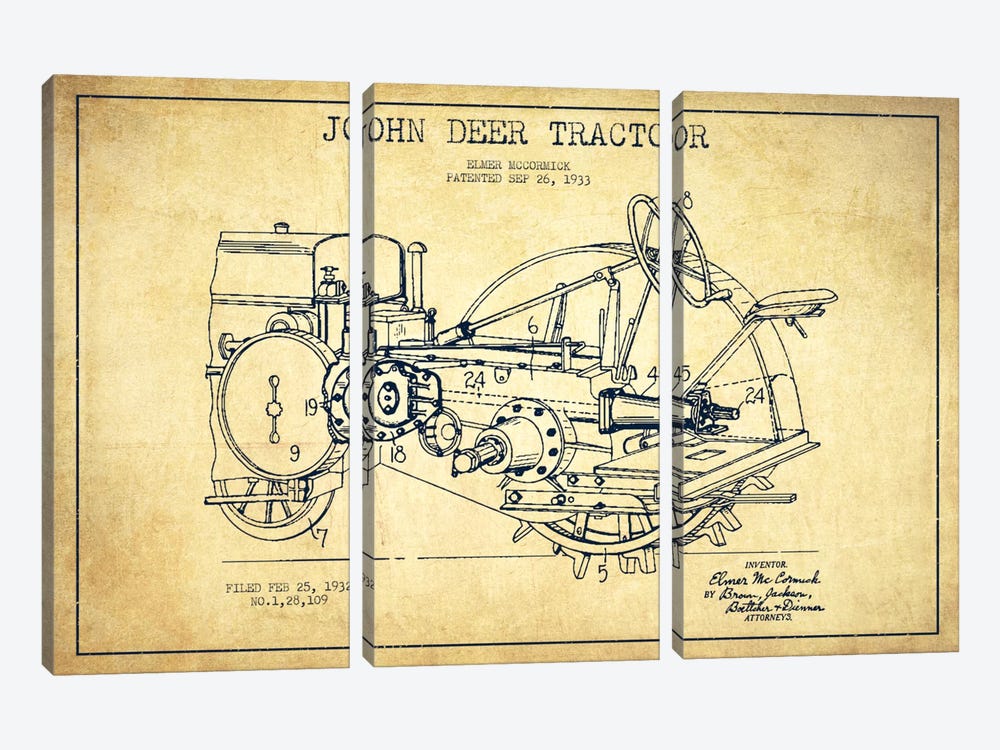 John Deer Vintage Patent Blueprint by Aged Pixel 3-piece Canvas Wall Art
