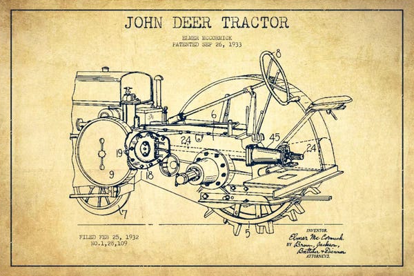Tractors: John Deer Vintage Patent Blueprint by Aged Pixel