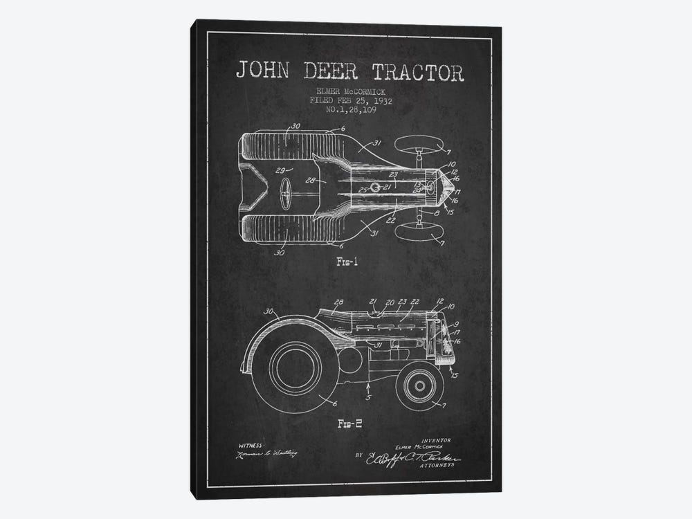 John Deer 2 Charcoal Patent Blueprint by Aged Pixel 1-piece Canvas Print