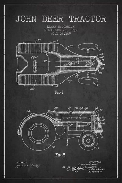Tractors: John Deer 2 Charcoal Patent Blueprint by Aged Pixel