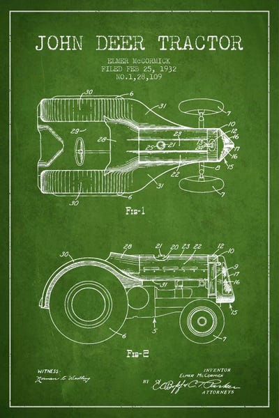 John Deer Green Patent Blueprint by Aged Pixel framed canvas print