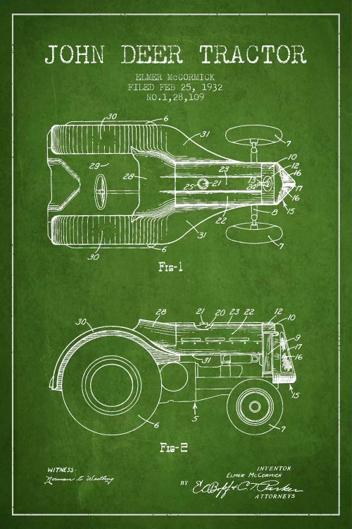John Deer Green Patent Blueprint by Aged Pixel wall art