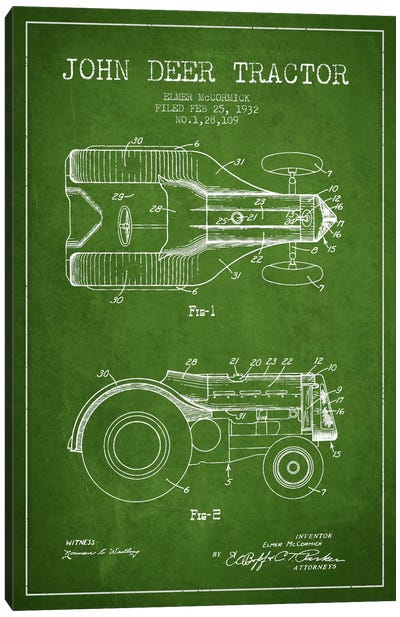 John Deer Green Patent Blueprint Canvas Art Print - Tractors
