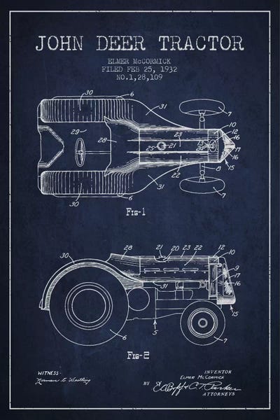 John Deer 2 Navy Blue Patent Blueprint by Aged Pixel metal wall art