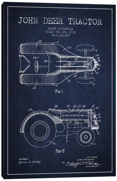 John Deer 2 Navy Blue Patent Blueprint Canvas Art Print - Tractors