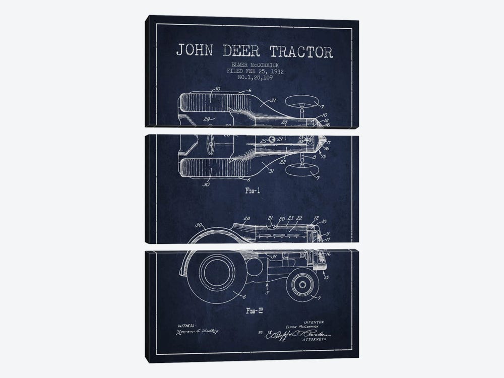 John Deer 2 Navy Blue Patent Blueprint by Aged Pixel 3-piece Canvas Print