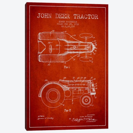 John Deer Red Patent Blueprint Canvas Print #ADP647} by Aged Pixel Canvas Wall Art