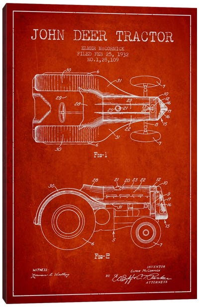 John Deer Red Patent Blueprint Canvas Art Print - Tractors