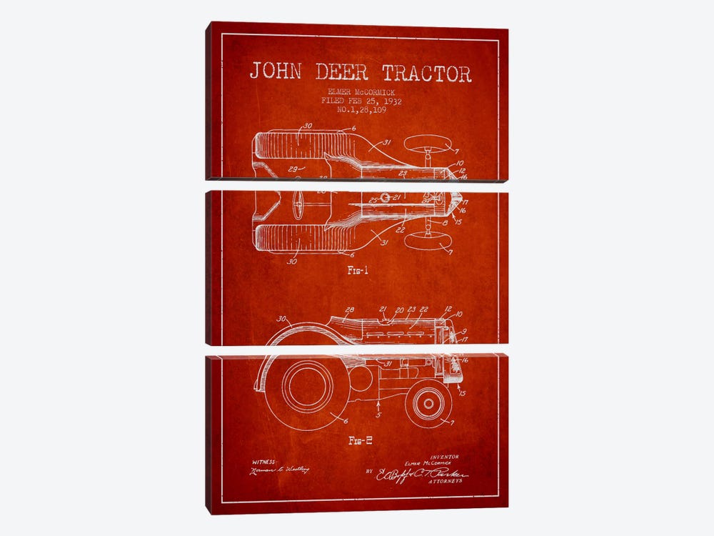 John Deer Red Patent Blueprint by Aged Pixel 3-piece Canvas Artwork