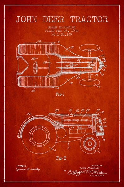 Tractors: John Deer Red Patent Blueprint by Aged Pixel